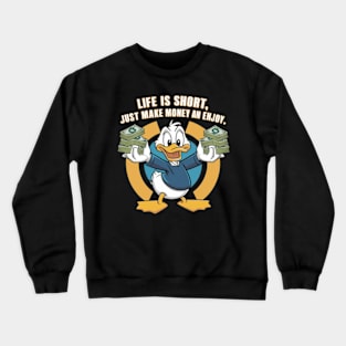 A vectordesign trending concept for A cartoon happy character duck, holding bundles of money in both his hands. (3) Crewneck Sweatshirt